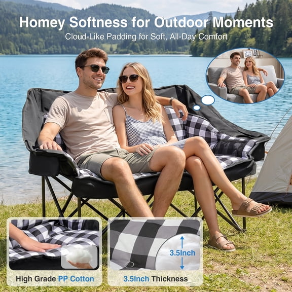 DKMOCO Oversized Padded Double Camping Chair Heavy Duty Folding Loveseat Supports up to 800 lb 2 Person Outdoor Lawn Chair with Cooler Bags and Wine Glass Holders