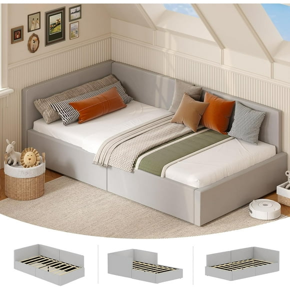 Twin Daybed with Bed Rails, Velvet Upholstered Corner Bed Frame with Headboard, Modern Bed with Guardrail for Living Room, Bedroom, Easy Assembly, Light Grey