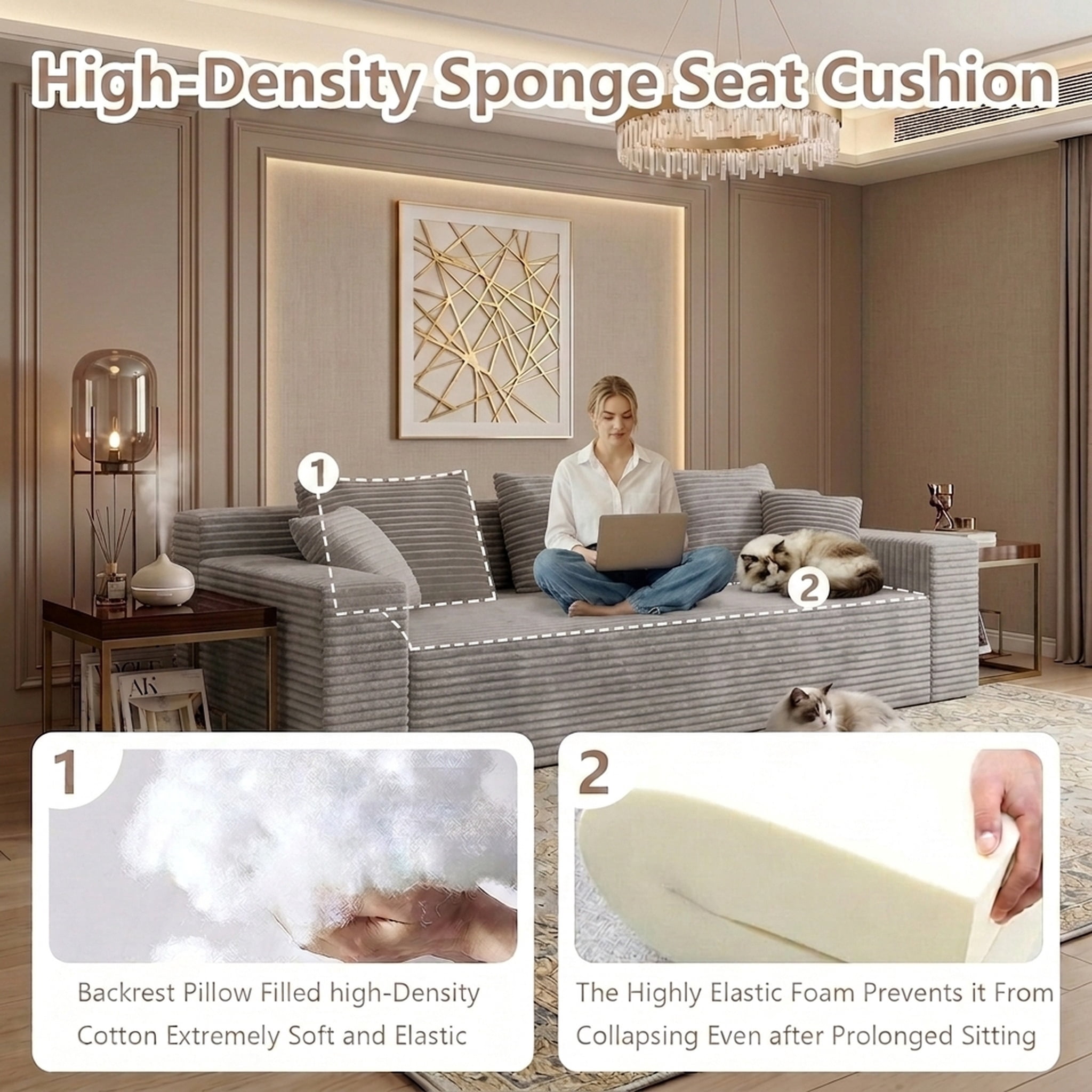 71" Modern Corduroy Loveseat Sofa with Square Armrests and Memory Foam for Living Room and Bedroom, Camel