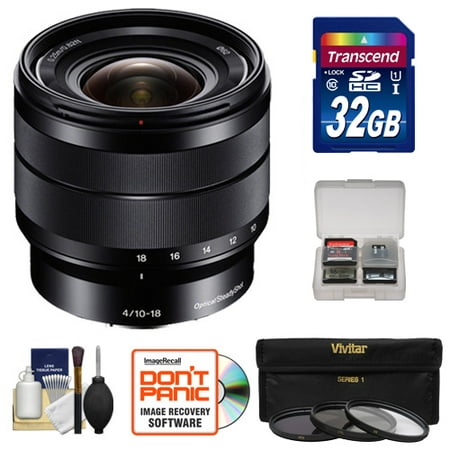 Sony Alpha E-Mount 10-18mm f/4.0 OSS Wide-angle Zoom Lens with 32GB Card + Case + 3 Filters Kit for A7, A7R, A7S Mark II, A5100, A6000, A6300