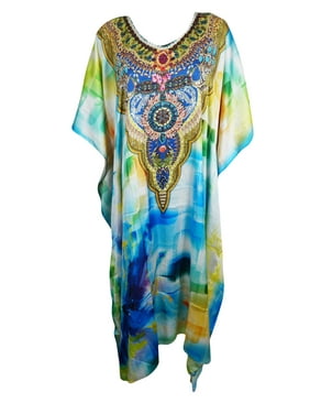 Mogul Womens Blue Jewel Print Neck Beautiful Caftan Beach Cover Up Tunic Dress 3X