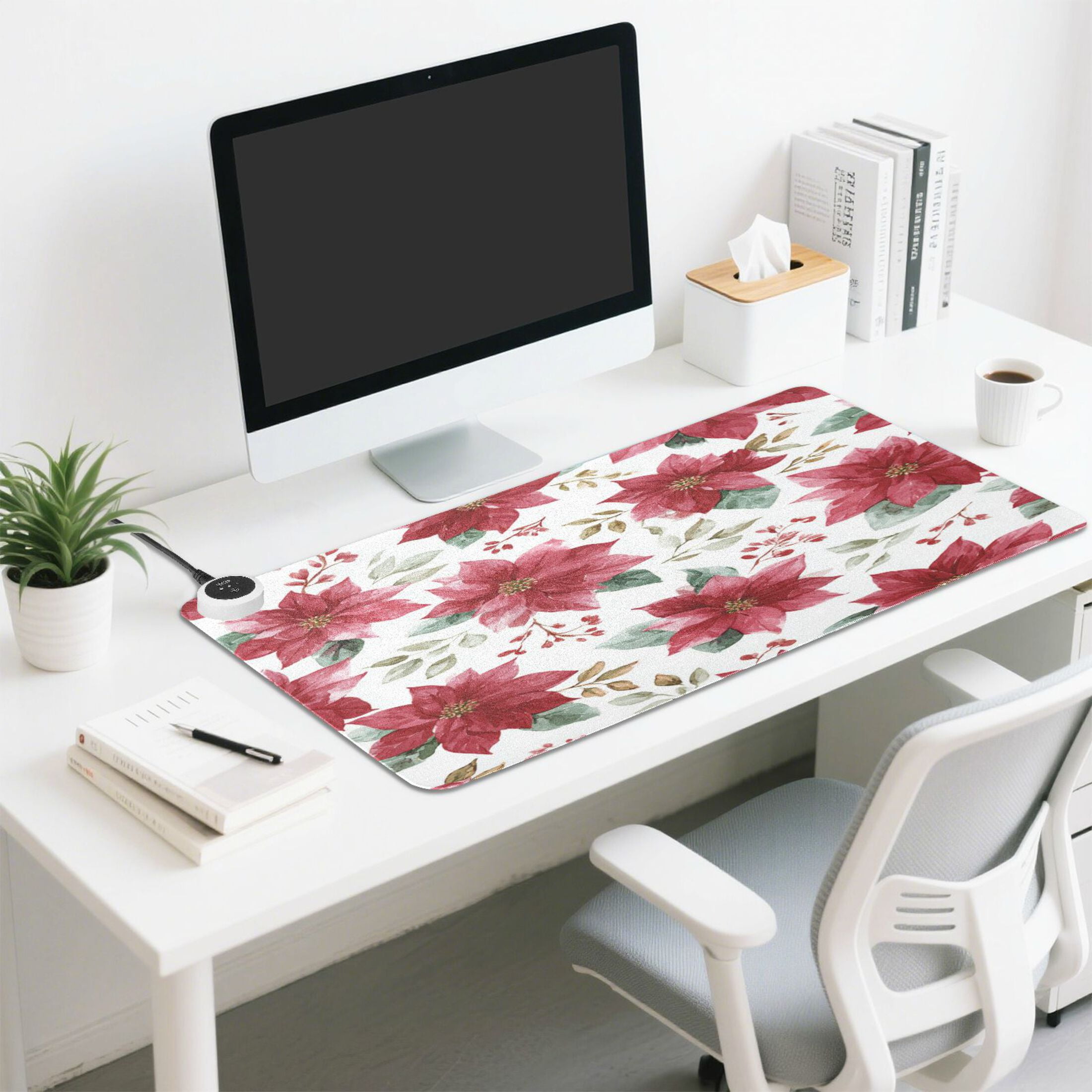 Wobogo Poinsettia Flowers Heated Mouse Pad Extra-Large Desk Mat With 3 Heating Levels and 3-hour Auto Shut-Off Protection Ideal for Computer Keyboards Home Office Hand-warming Essential 31.5in × 13in
