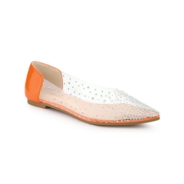 BLISSFUL STEP Chaussures Décontractées pour Femmes Bout Pointu Ballerines à Strass Transparents Orange 7