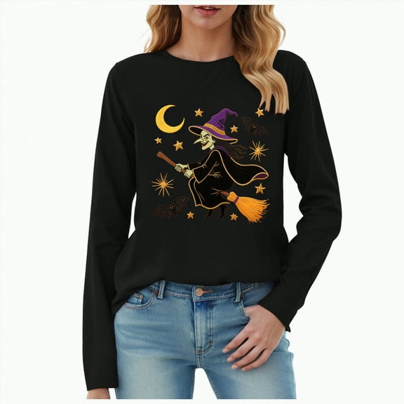 Godom Halloween Long Sleeve Shirts for Women Casual Soft Crewneck Basic Tee Tops Fall Outfit Clothes