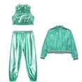 thumbnail image 4 of Alvivi 3Pcs Girls Hip Hop Clothes Set Performance Costumes Metallic Bomber Jacket Crop Top with Pants Set Blue Green 16, 4 of 5