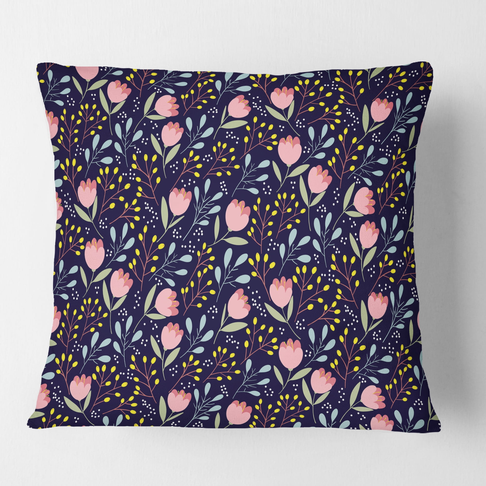 Designart Handdrawn Pink Flowers ' Mid-Century Modern Throw Pillow - 16x16