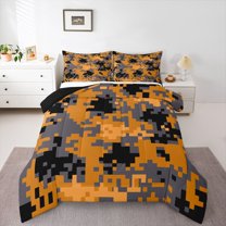 Feelyou Pixelated Blocks Miners Full Size Comforter Sets, Orange Square Bedding Sets, 3pcs