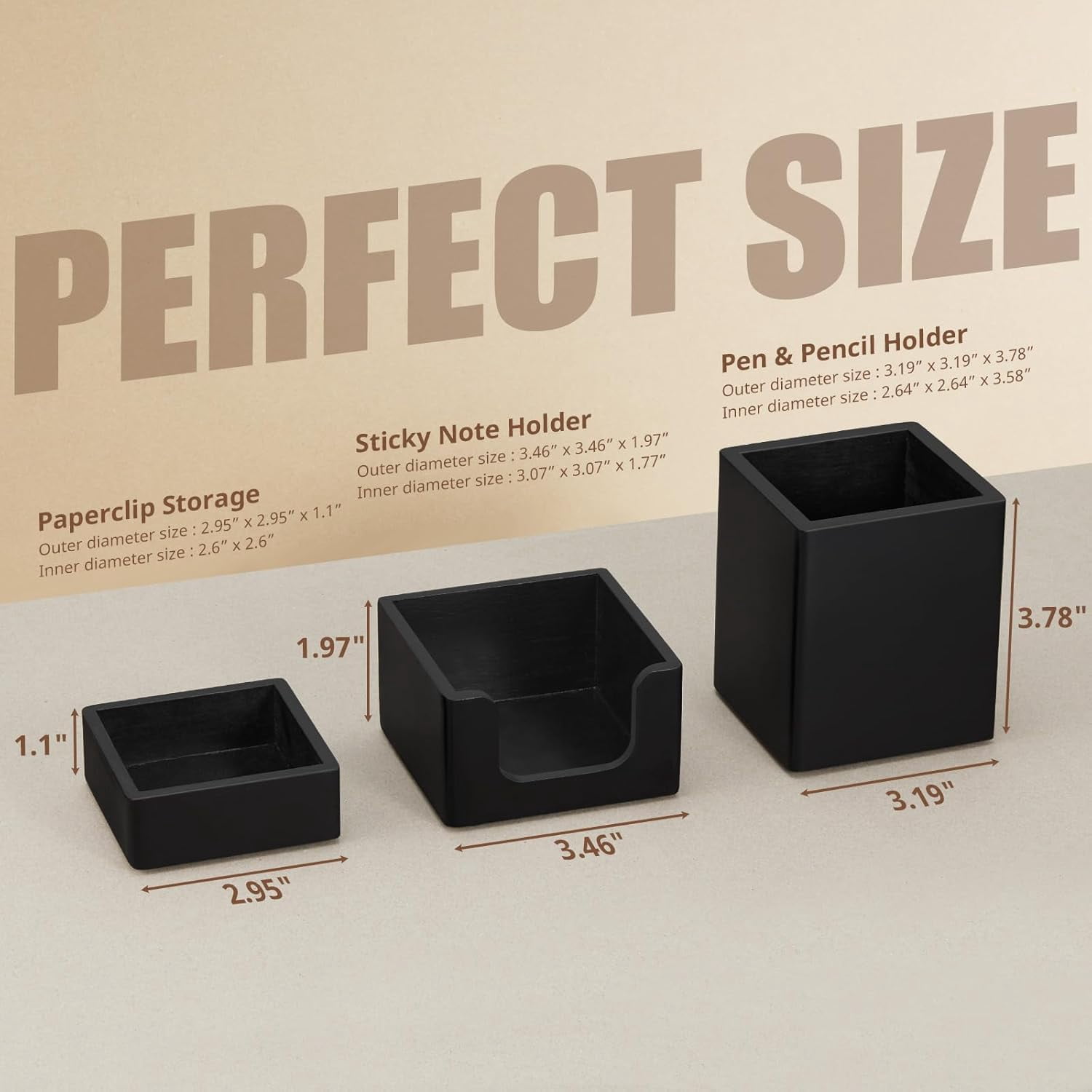 Black Desk Organizer Set of 3 - Wood Office Desk Accessories - Desk Organizers and Accessories for Women Men - Set incl. Pencil Pen Holder, Paperclip Storage and Sticky Note Holder