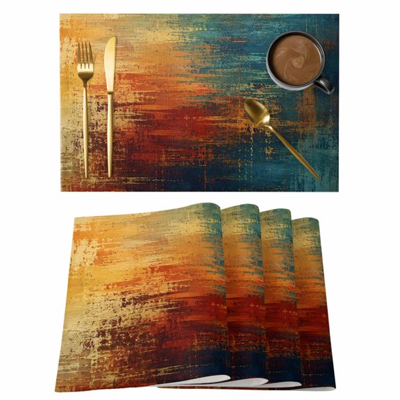 Abstract Strokes Placemats Set of 12, Fall Modern Geometric Teal Yellow Bronze Lines Non-Slip Place Mats Washable Table Mats for Kitchen Dining Table Decorations Indoor/Outdoor