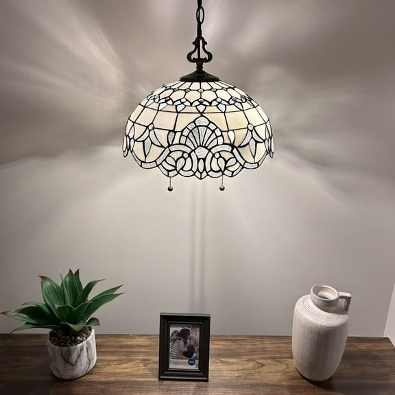 Tiffany Pendant Lights Fixture White Stained Glass Baroque Style LED Bulb Included 16"W*16"D*75"H