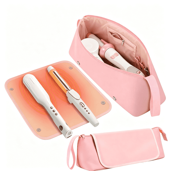 Hair Tools Travel Bag with Heat Resistant Mat, Hot Hair Accessories Organizer Pouch for Curling Iron, Straightener, Flat Iron, Pink, Gift for Women
