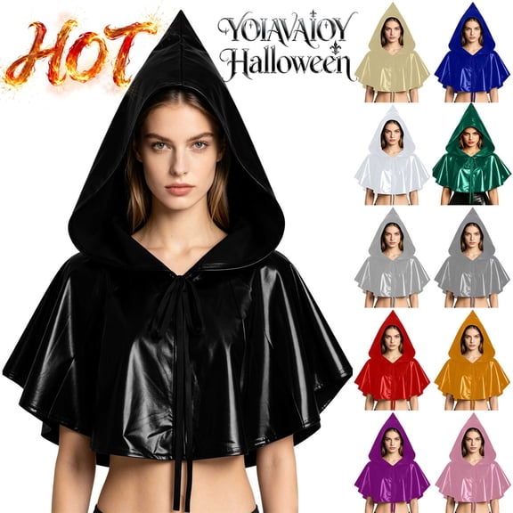 YOIAVAIOY Metallic Shiny Hooded Short Cape Halloween Witch Wizard Cosplay Costume Cloak Silver Free Size