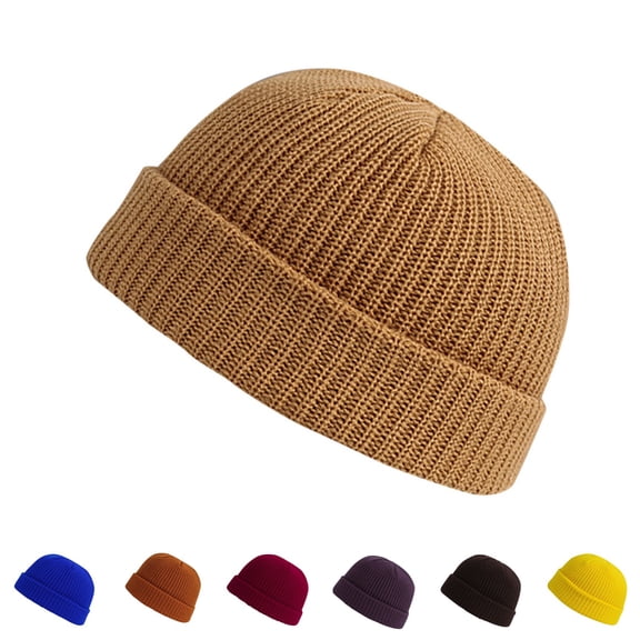 Domzle Short Fisherman Beanie for Men Women Warm Winter Hats Knit Cuffed Beanies Skull Cap Acrylic Watch Hat Beige