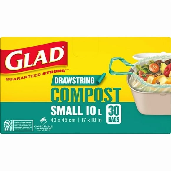 Glad Certified Compostable Drawstring Bags - Small 10 Litres - Drawstring, 30 Compost Trash Bags -, Unscented