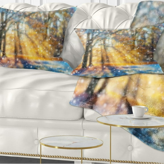Designart Blur Winter with Snow Flakes - Landscape Printed Throw Pillow - 12x20