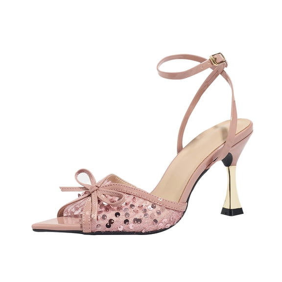 Heel Sandals for Women 9CM Sexy Ankle Strap Mesh Sequins Pointed Toe Bow Party Dress Heel Wedding Evening