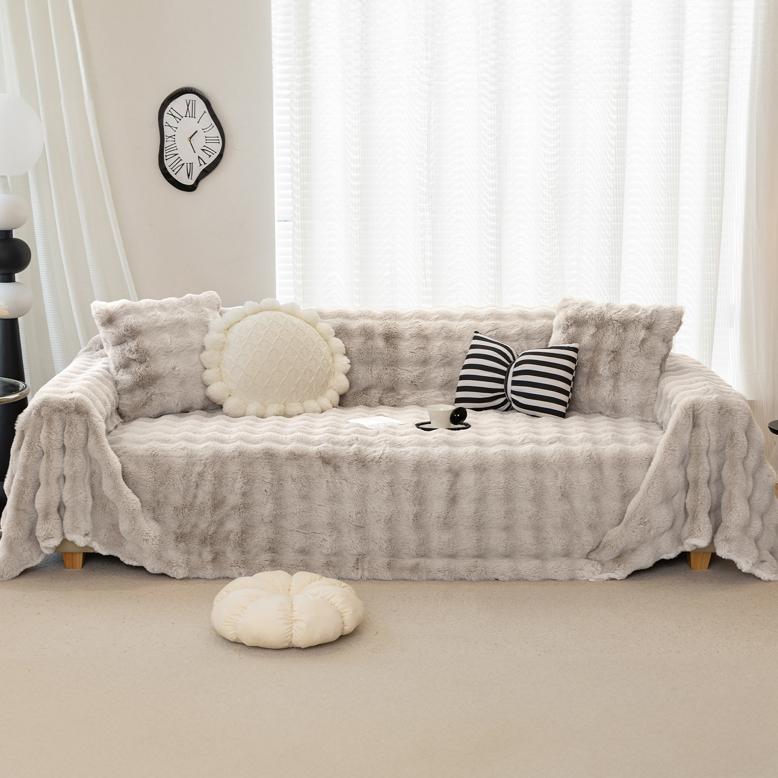 WOOW DEPOT Warm Faux Rabbit Fur Sofa Cover Machine Washable, Thick Throw Blanket L Shape Slipcover for 3 Cushion Couch, Coffee 71"x134"