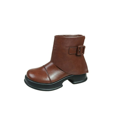 

Stamzod Clearance Women s Retro Boots Round-Toe Chunky Heel Middle Heel Slouchy Belt Buckle Back Zipper Booties