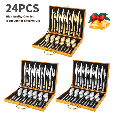 

24-Piece Gold Silverware Set 18/10 Heavy Duty Stainless Steel Flatware Service for 6 Cutlery Include Knife/Fork/Spoon/Coffee Spoon Mirror Polished Dishwasher Safety