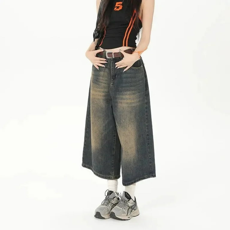 Women Y2k Style Baggy Denim Shorts Wide Leg Short Pants Fashion High Waisted Dark Wash Knee Length Loose Unisex Jeans Casual - Walmart.com Women Y2k Style Baggy Denim Shorts Wide Leg Short Pants Fashion High Waisted Dark Wash Knee Length Loose Unisex Jeans Casual - Walmart.com