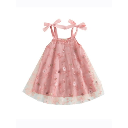 

Toddler Baby Girls Summer A-line Dress Kids Girls Sleeveless Sling Tulle Princess Dress Casual Floral Print Embroidery One Piece Dress for Party 6M-4T