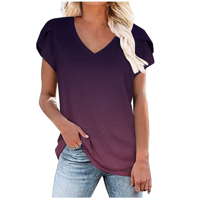 Pompotops Womens Spring And Summer Casual V-Neck T-shirt Printed Short Sleeved Top Clearance