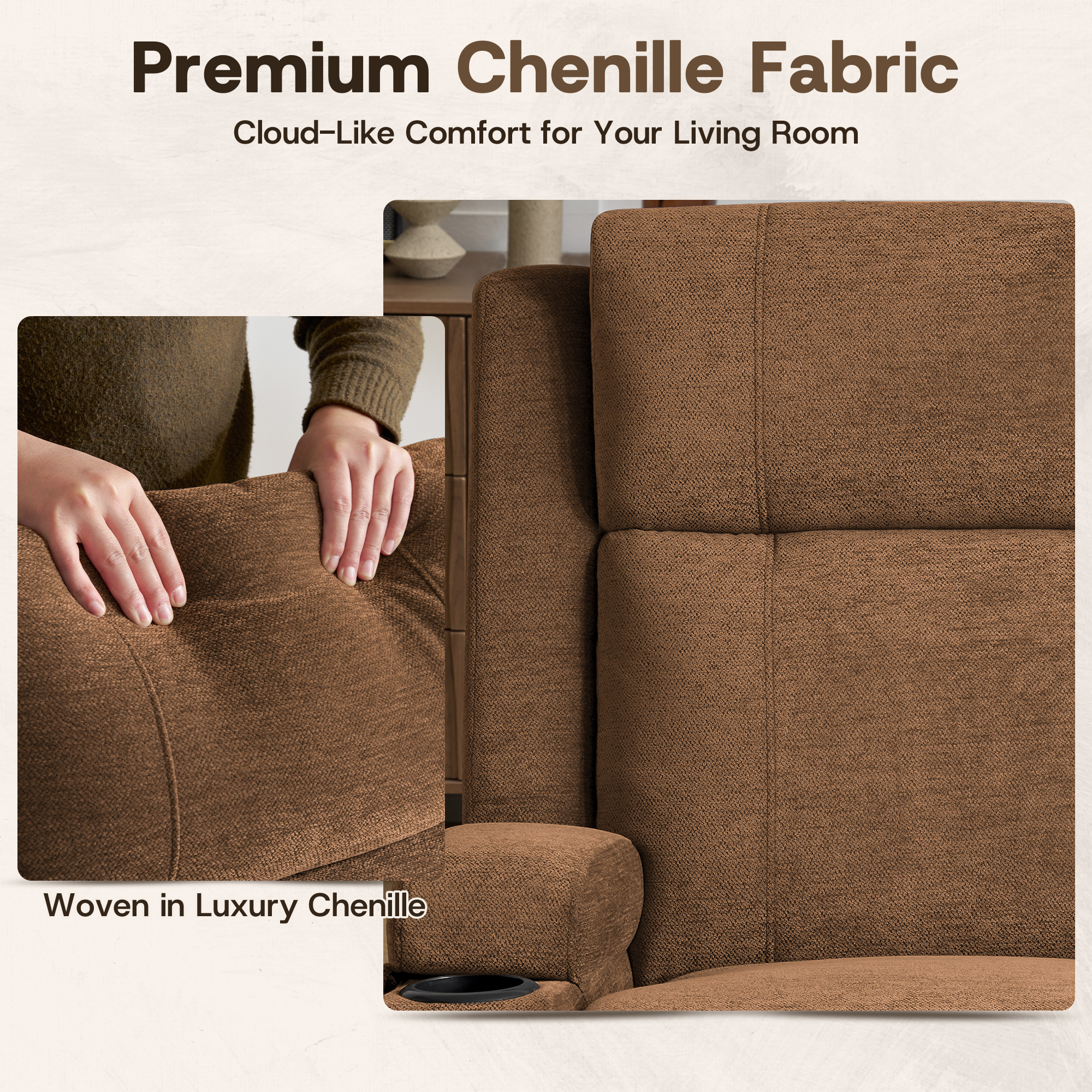 Chenille Reclining Couch, Manual Reclining Loveseat with Cup Holders, Wide Seat, Spill-Resistant Fabric, Easy Assembly, for Living Room/Apartment/RV Recliner Sofa