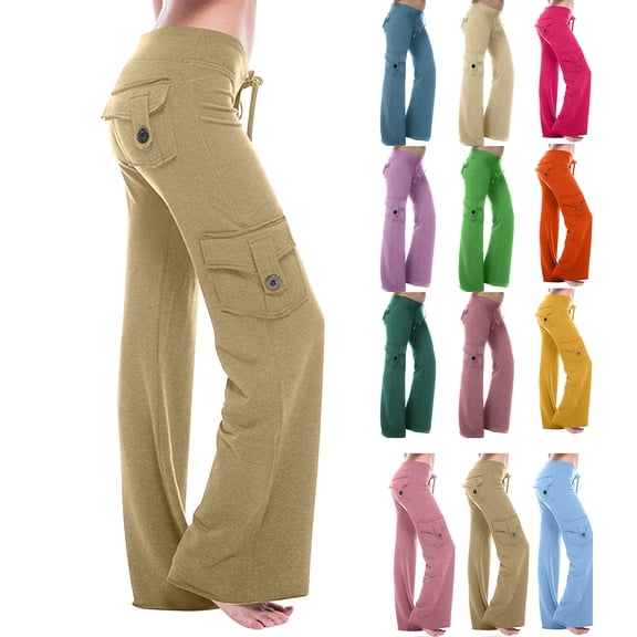 Hzzrkos Women Casual Fashion Loose Solid Color High Waist Wide Leg With Pockets Long Trousers Pants Beige L