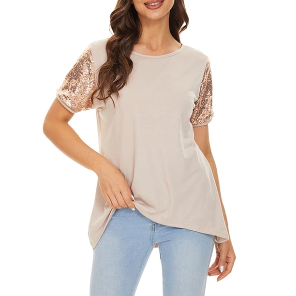 Camiseta de manga corta para mujer Camisas casuales con cuello redondo irregular con lentejuelas Tomshoo Camiseta mujer