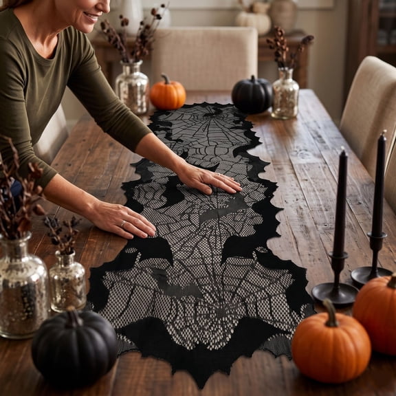 Halloween Table Runner, Black Lace Bat and Spider Web Design for Holiday Party Home Decor, 173cm Length for Halloween Home Enthusiasts