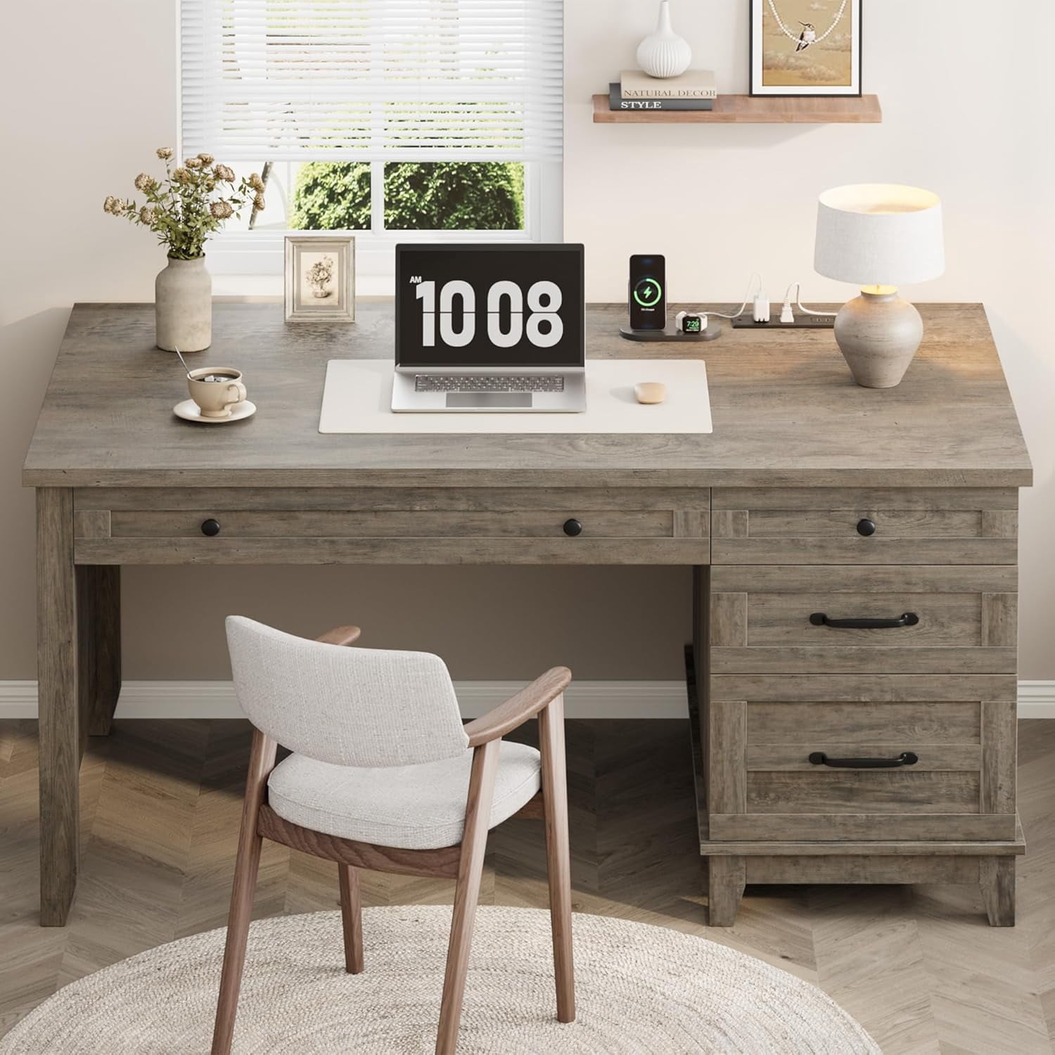 53.5" Farmhouse Home Office Desk with File Cabinet, Wooden Executive Desk with Power Outlet, Work Desk with Drawers, Traditional Wood Desk for Home and Office, Gray