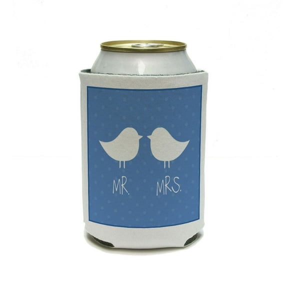 Mr Mrs Birds Blue - Wedding Anniversary Can Cooler Drink Insulator Beverage Insulated Holder