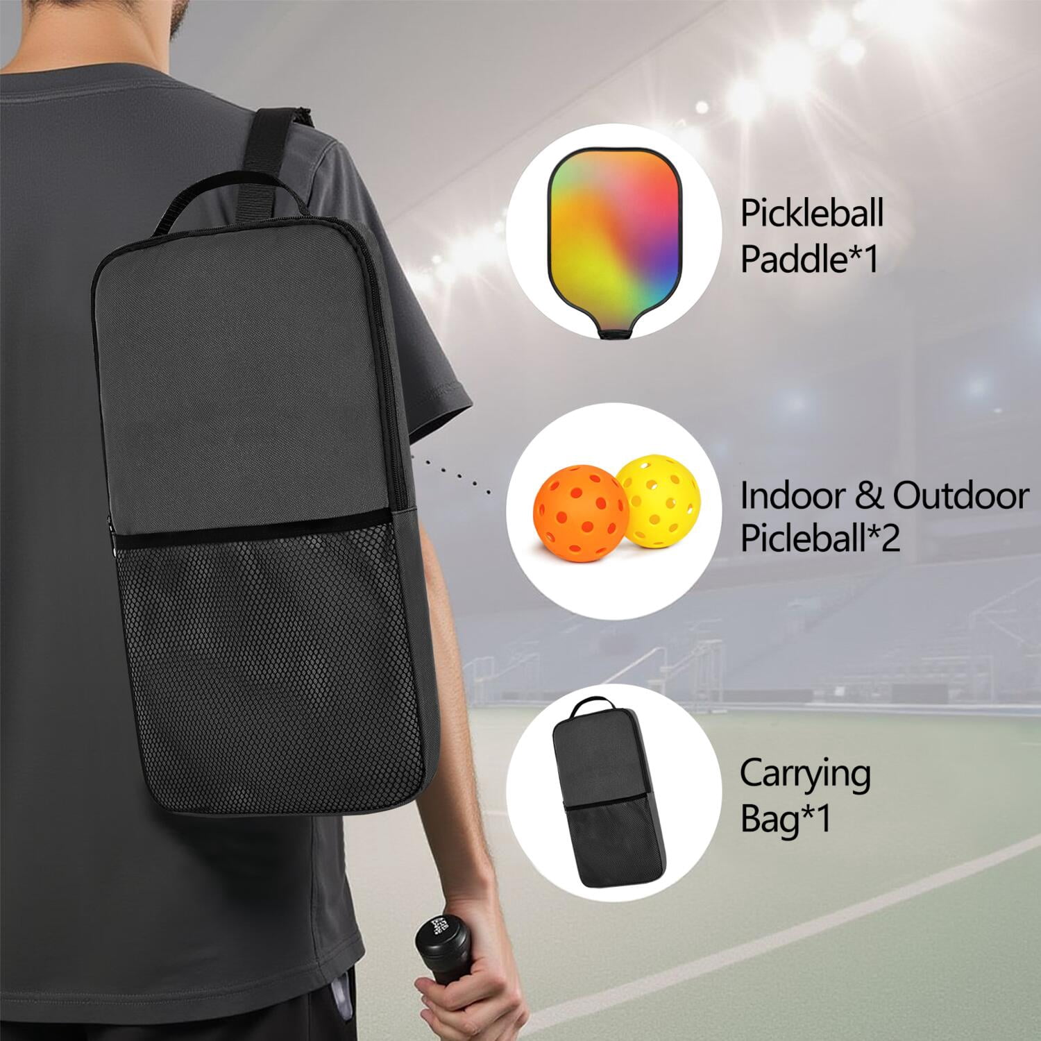 Pickleball Paddles Set Of 1, Fiberglass Surface, Vibrant Rainbow Print, 1 Paddle, 2 Balls & Bag