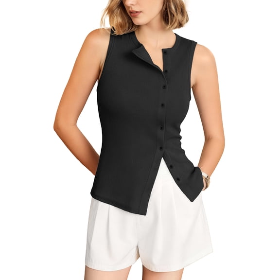 Firvespy Women's Ribbed Knit Asymmetric Button Down Tank Top Slim Fit Crewneck Casual Summer Cami Sleeveless Button Front Top