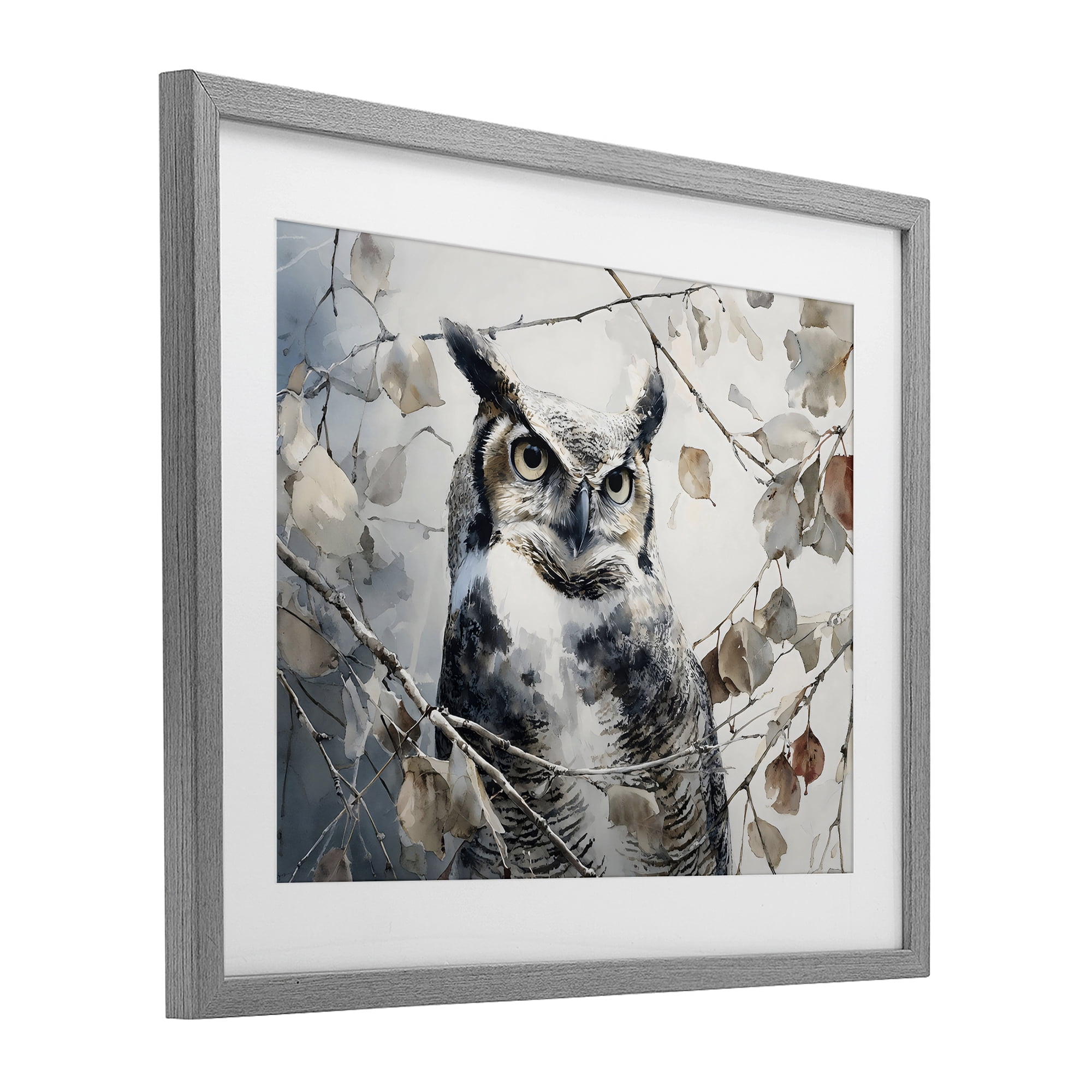 Stupell Industries Horned Owl Perched Gray Framed Print Under Glass, design by Franklyn Gregory