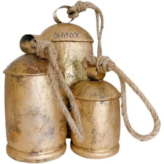 Crafts Hub Brass Cow Hanging Bell Set of 3 Bells Lucky Bell with Jute Rope Christmas Decoration Rustic Shabby Chic Country Style Harmony