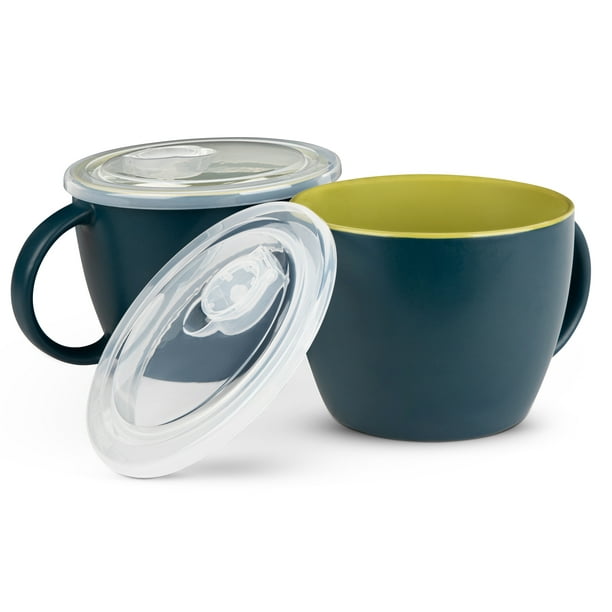 Kook Ceramic Soup Mugs, with Handle and Vented Plastic Lid, Set of 2