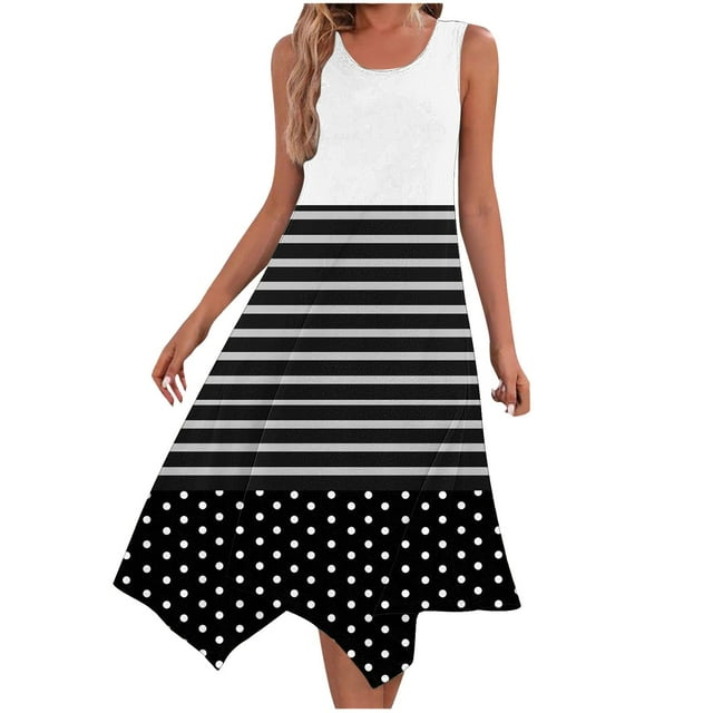 Ladies Summer Tops Impreso sin Mangas Cuello Redondo Vestido Casual para el Uso Diario Y Casual