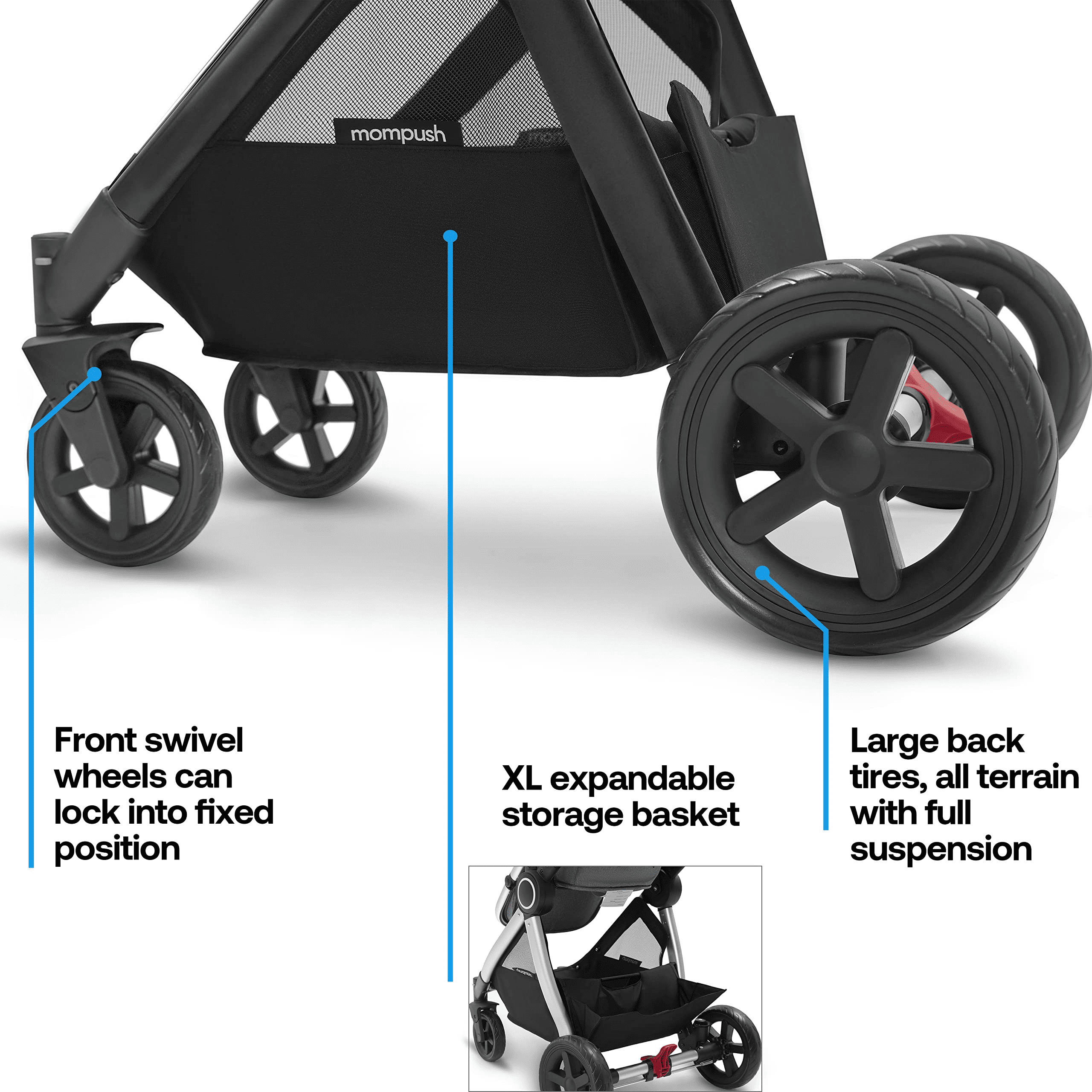 Mompush Ultimate2 Premium Baby Stroller with Bassinet, Black