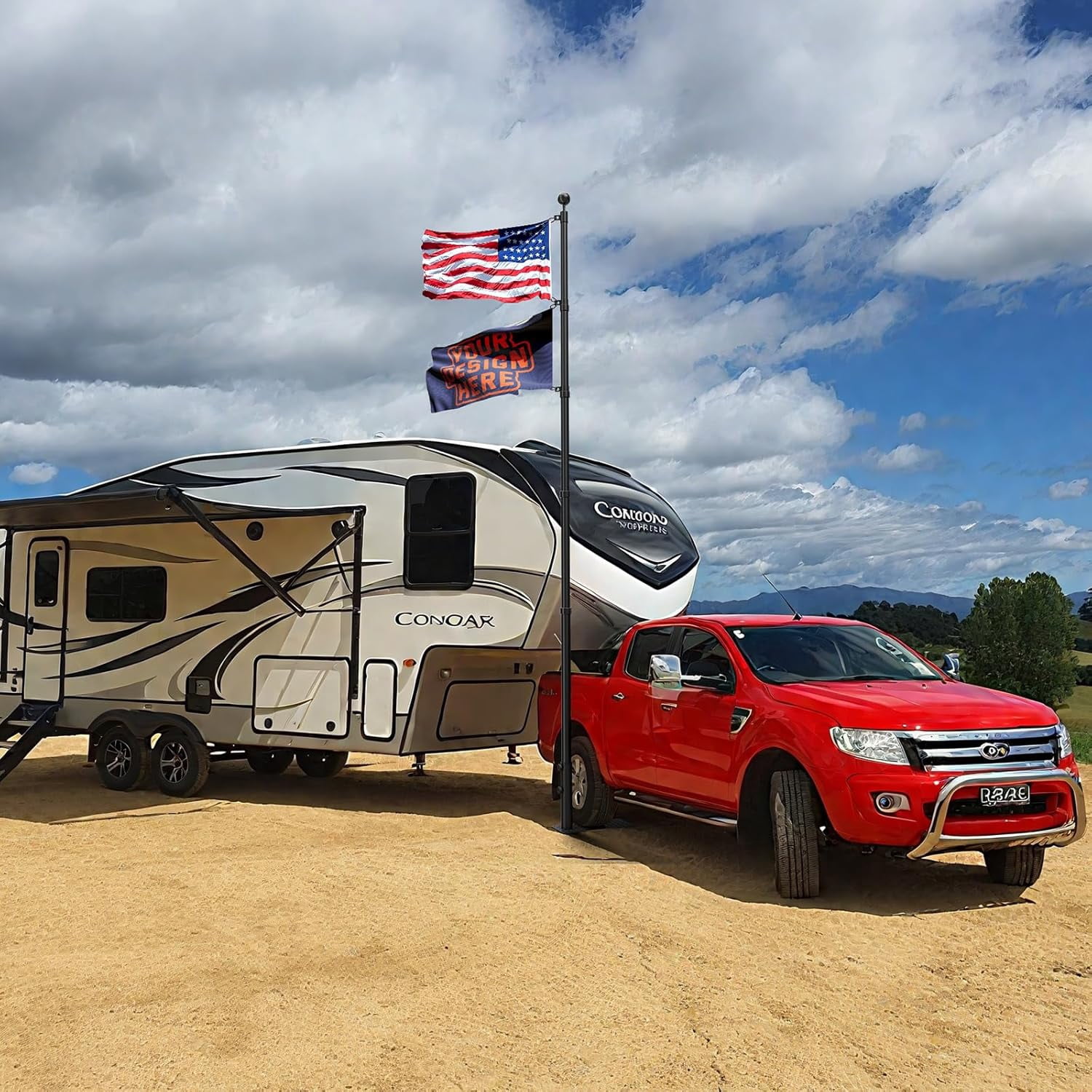 RV Telescoping Flag Pole Kit, 20 FT Heavy Duty Tailgate Flag Pole and Tire Mount Base Kit, Portable Flag Pole for Camping, Outdoor Tailgating, Party, Trailer