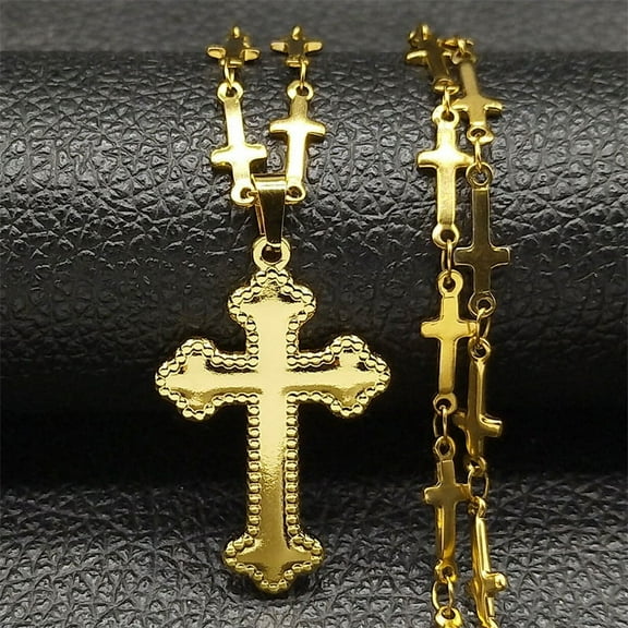 Hip Hop Catholic Cross 14K Yellow Gold Chain Necklace for Women Men Golden Color Punk Necklaces Jewelry