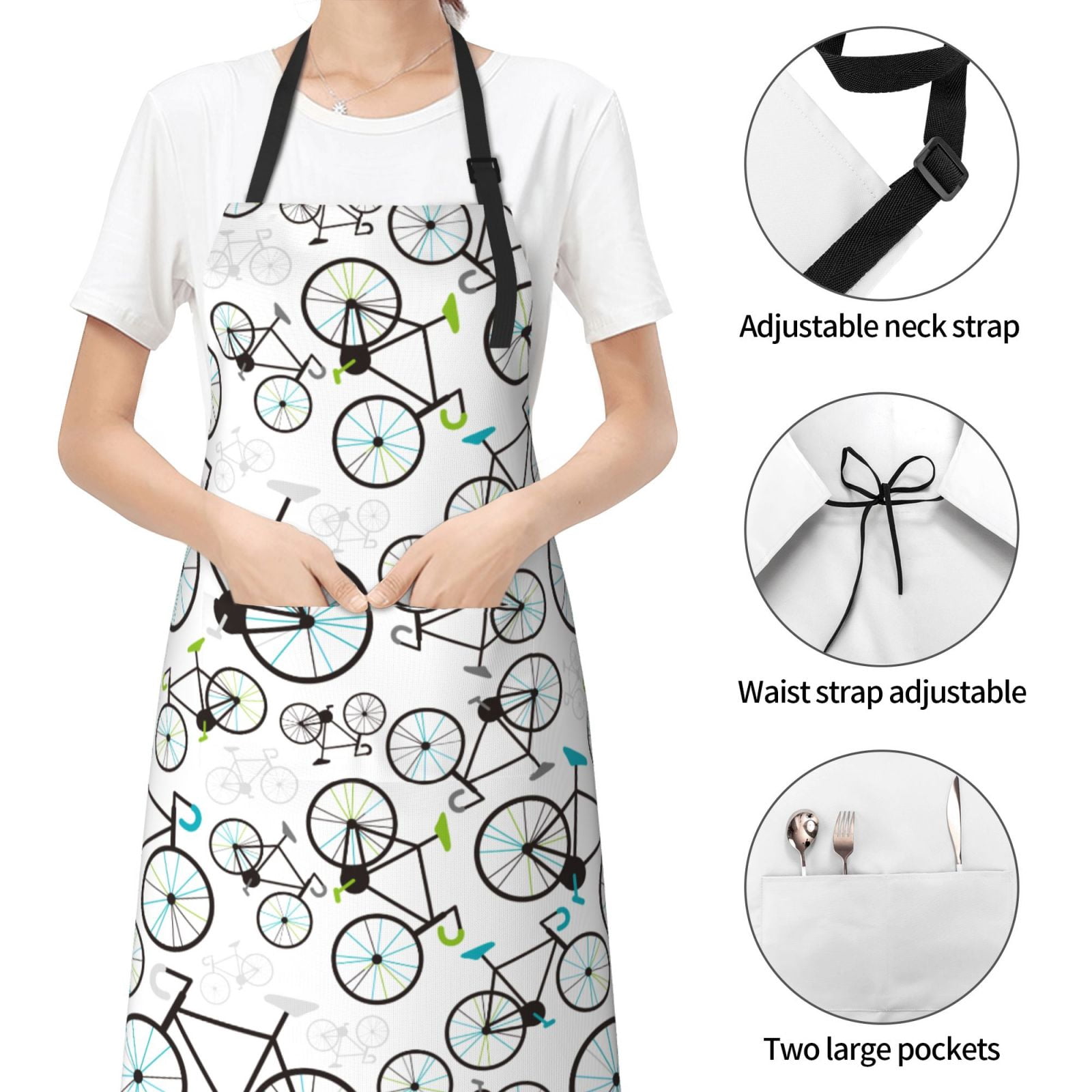 Fuzoiu Bicycle Print Adjustable Waterproof Apron with Pockets,Waterproof Apron for Cooking, Gardening, and Art Projects
