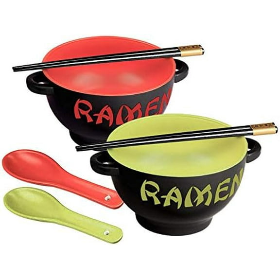 Japanese Ceramic Ramen Bowl Set: 2 bowls, soup spoon, chopsticks, 17.5oz, Red Dragon & Green Rooster