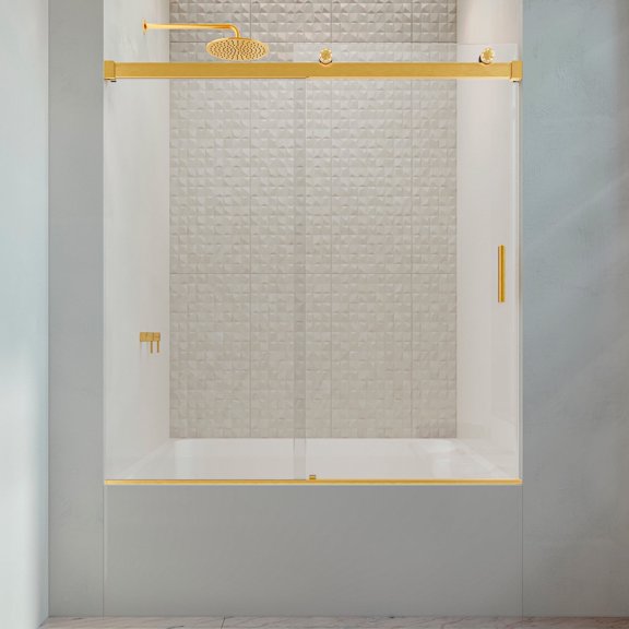 Seawin Runway 56 - 60 x 63 inches Frameless Sliding Bathtub Door 3/8 in. (10 mm) Clear Tempered Glass with NanoShield Coating LED Rollers Satin Gold