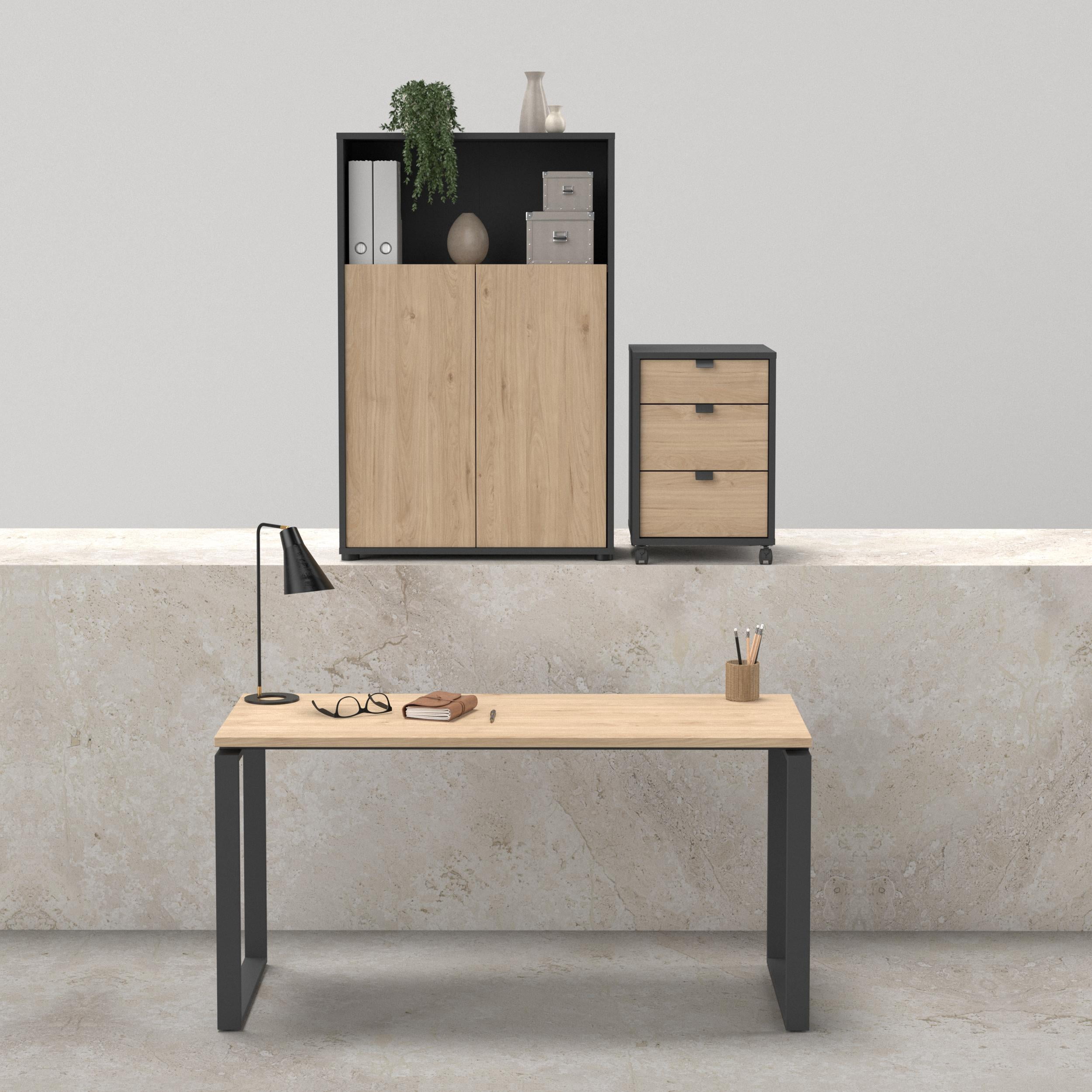 Tvilum Sign 3-Piece Home Office Set with Desk, Storage Bookcase and Mobile Storage, Matte Grey and Jackson Hickory