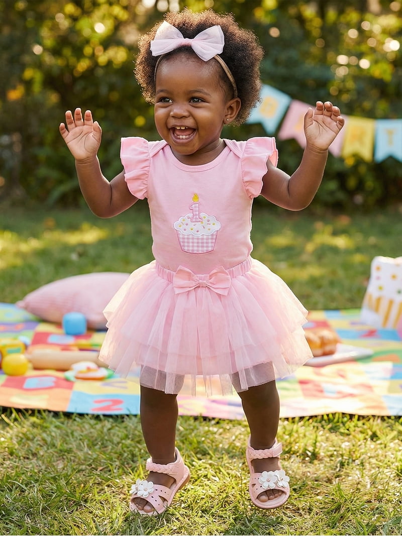 first birthday cupcake dress Aojekbee Baby Girl Outfit Embroidered Flying Sleeve Romper Tulle Skirt and Bow Headband 3 Piece Set The first birthday tutu smarttag_type_dresses Loose Backless Spaghetti Strap Metallic Color:BLACK
