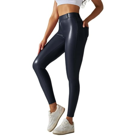 MQLKF Pocket PU Leather Pants Waist Compression Body Sculpting High Waist Yoga Pants Stylish Sporty Lightweight Women s Yoga Pants