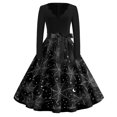 thumbnail image 2 of Halloween Dresses for Women Pumpkin Spider V Neck Hepburn 1950s Vintage Dress Long Sleeve Cocktail Classic Cute Tea Length Dress with Belt M, 2 of 5