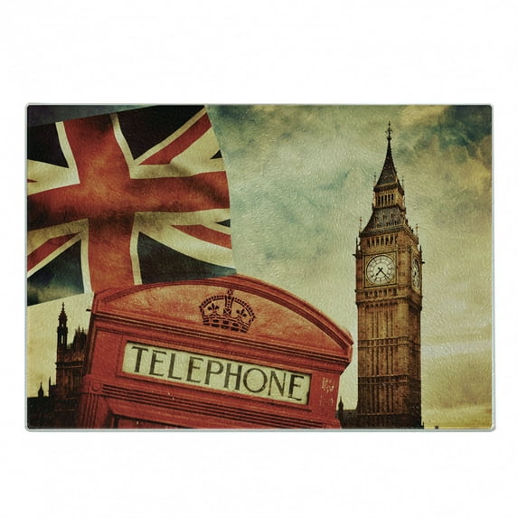 London Cutting Board, Vintage Style of London with National Flag UK Britain Old Clock Tower, Decorative Tempered Glass Cutting and Serving Board, Small Size, Multicolor, by Ambesonne