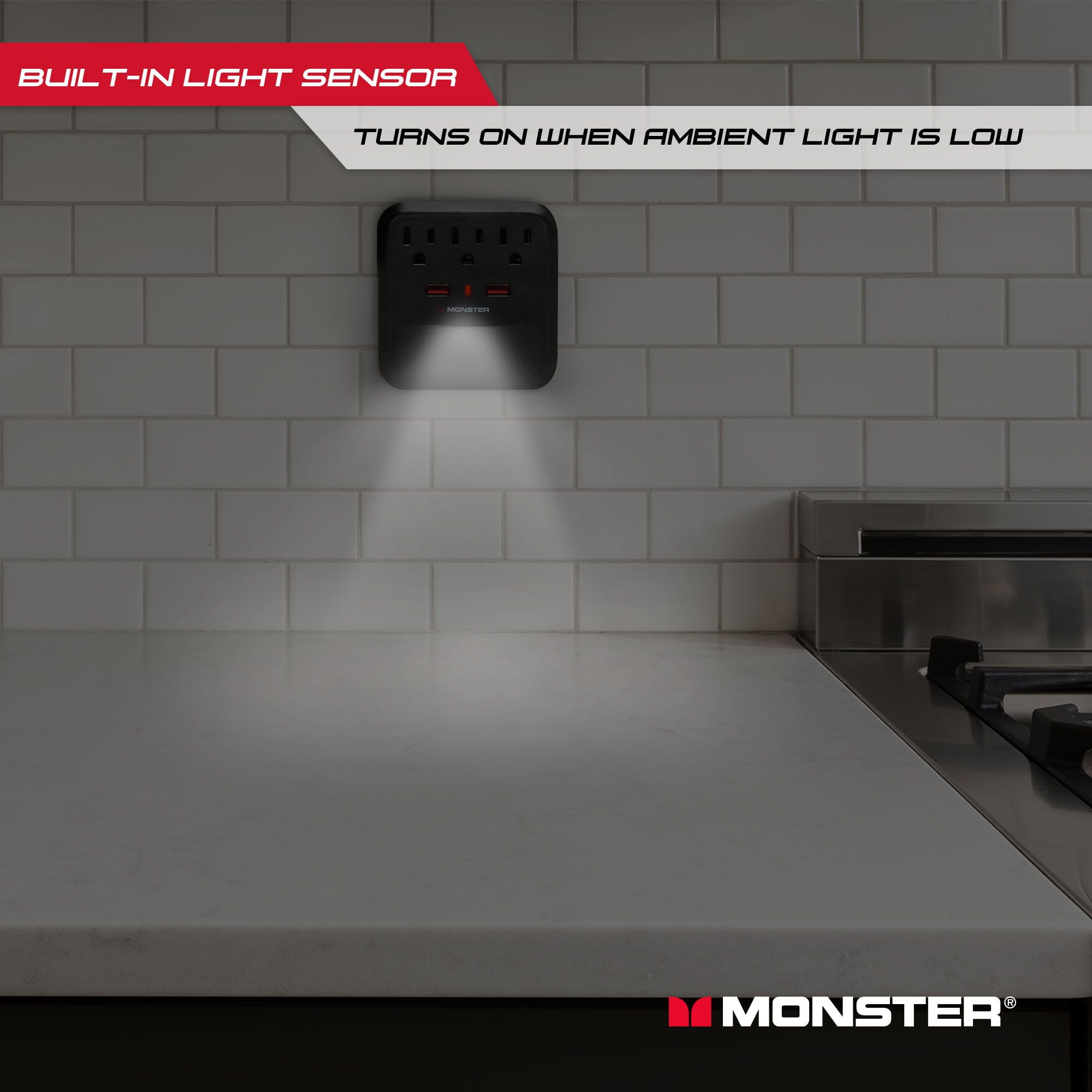 Monster 900J Wall Tap Surge Protector: 3 Grounded Outlets & 2 USB Ports